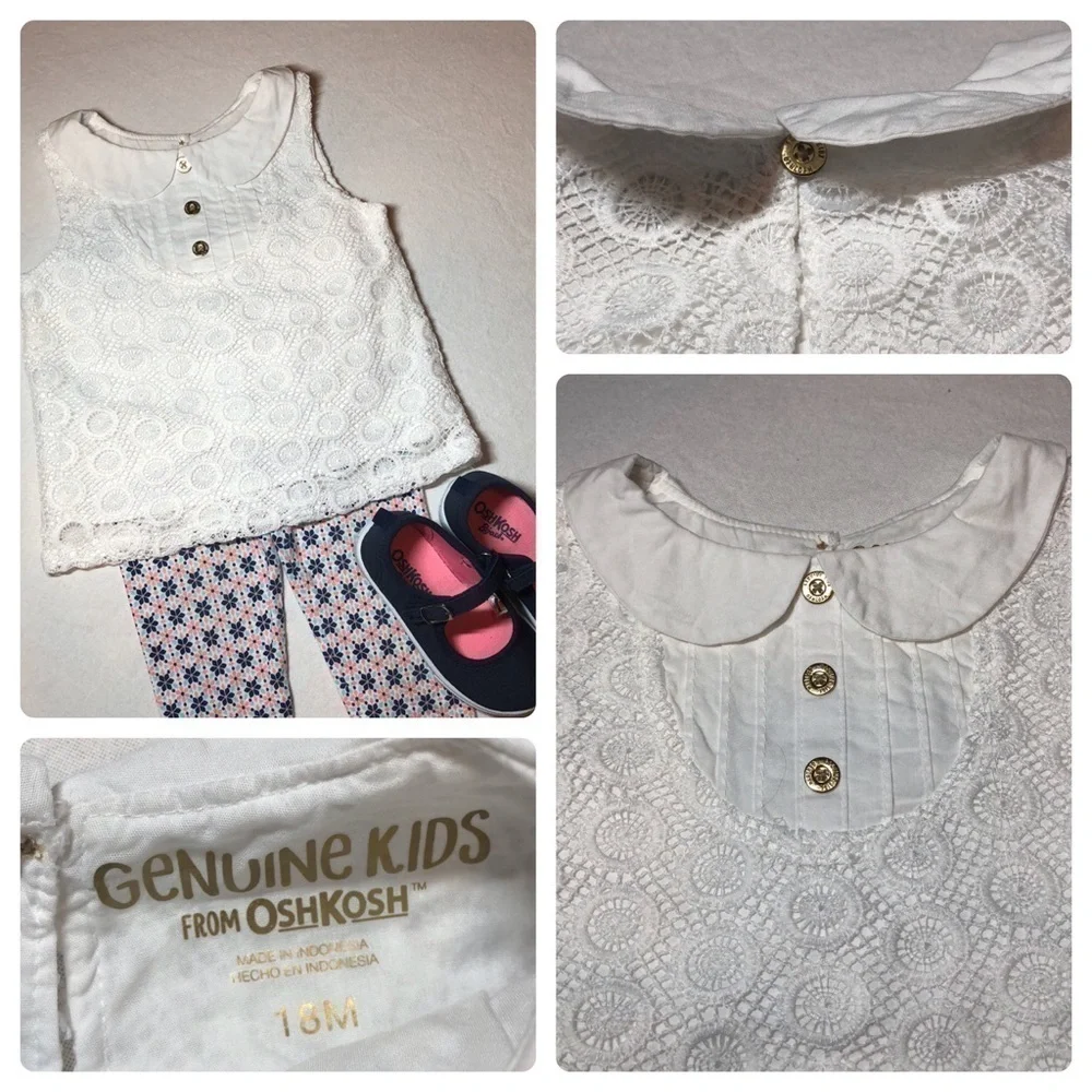 2 Adorable Lace Sleeveless OSHKOSH Tops White & Gold Size 18 Months